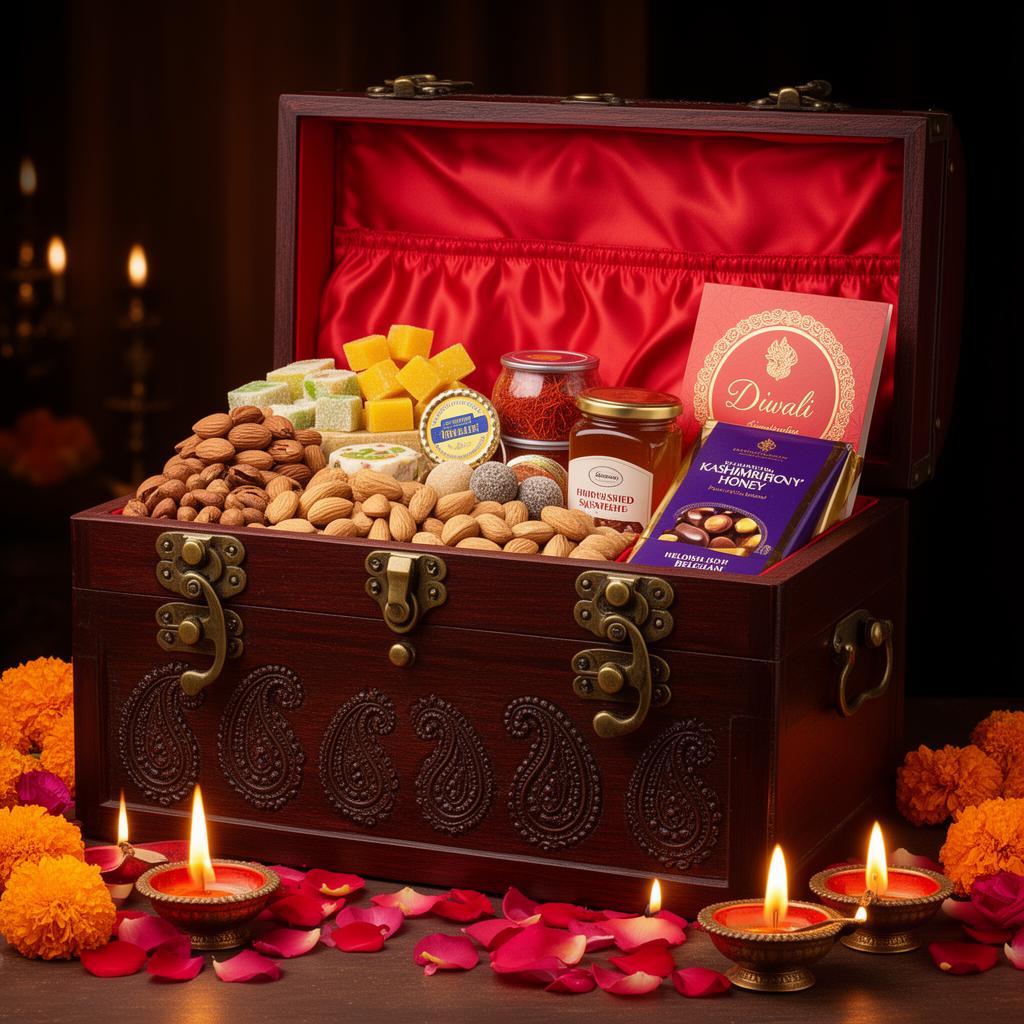 Diwali Grand Signature Chest — 5kg — A wooden chest of the very finest mewa & mithai. (Chocolates & Gifts at Pansari Point)