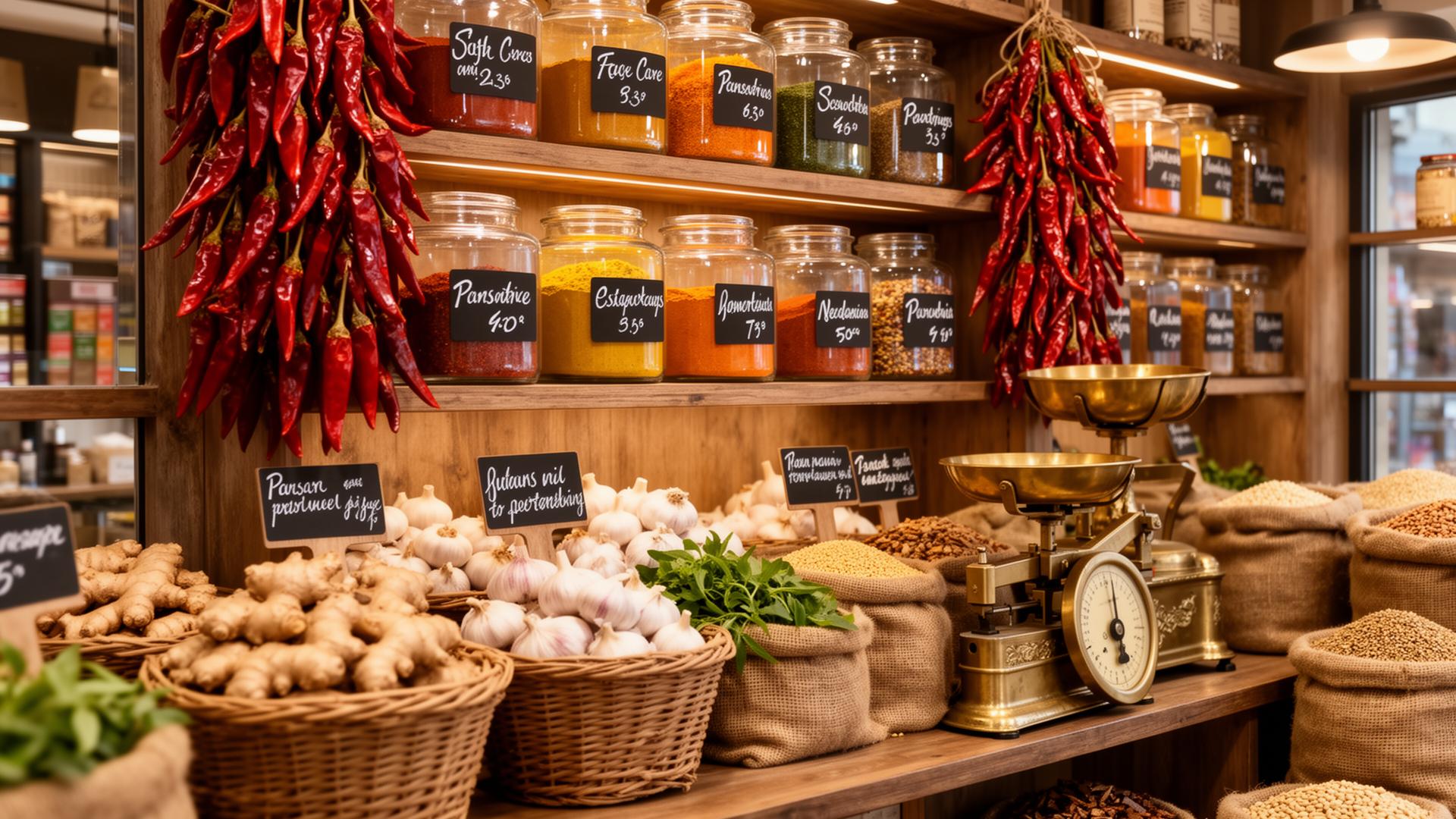Artisan display — Glass jars, chillies & brass scale